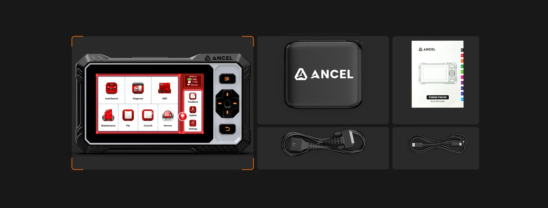 Ancel FX6100 cihaz taşıma çantası kullanım kılavuzu diagnostik kablo ve USB kablo görseli