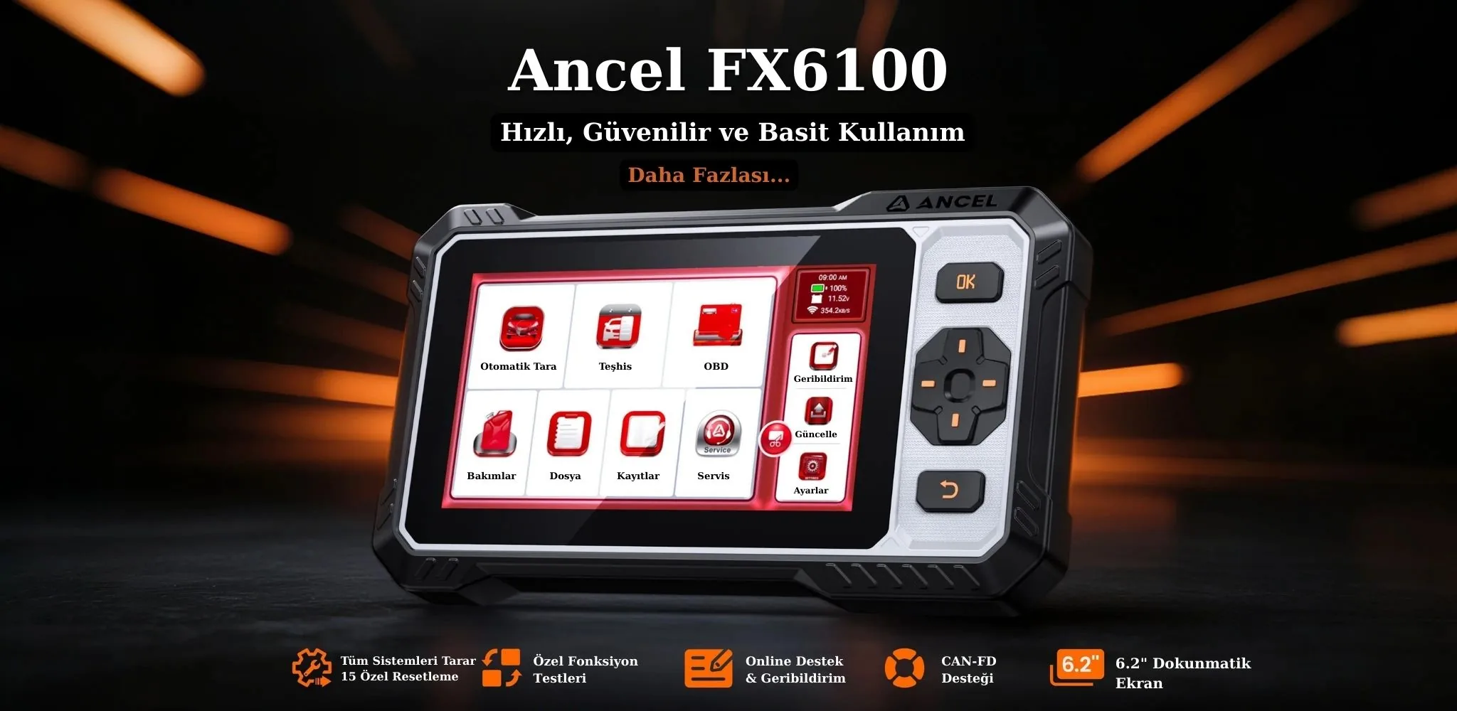 Ancel FX6100 tüm sistem tarama 15 servis fonksiyonu CAN-FD ve 6.2 inç ekran görseli